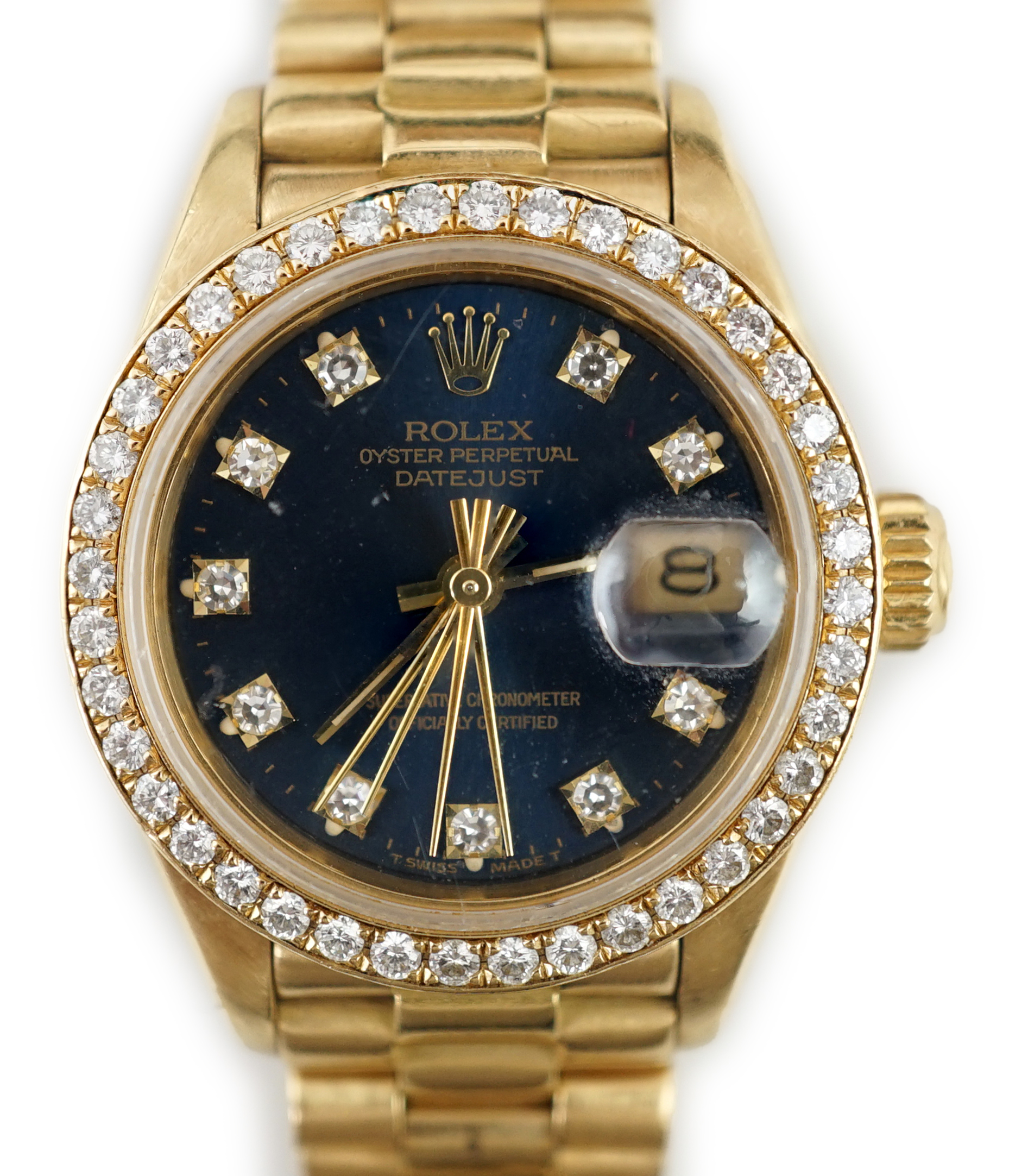 A lady's 1990 18ct gold and diamond set Rolex Oyster Perpetual Datejust wrist watch